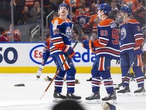 Zach Hyman of the Edmonton Oilers celebrates a hat trick against the Ottawa Senators.