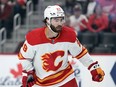 Calgary Flames forward Dillon Dube skates against the Detroit Red Wings in the first period of an NHL hockey game on Sunday, Oct. 22, 2023, in Detroit.