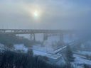 The High Level Bridge disappears into a heavy ice fog, in Edmonton January Jan. 12, 2024. Extreme cold warnings continue in Edmonton with wind chill values between -40 and -55.