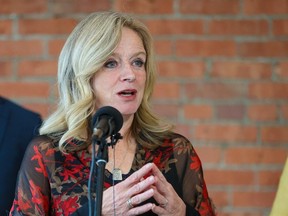 Alberta NDP Leader Rachel Notley speaks during a press conference at cSPACE in Calgary on Wednesday, November 15, 2023.