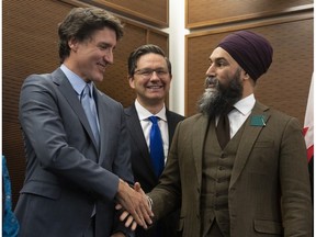 Prime Minister Justin Trudeau, Conservative leader Pierre Poilievre, and New Democratic Party leader Jagmeet Singh: Three's a crowd?