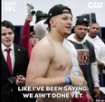 Patrick Mahomes makes a speech while shirtless in the Chiefs locker room.