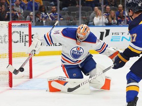 Stuart Skinner #74 of the Edmonton Oilers makes a save against the St. Louis Blues during the first period at Enterprise Center on Feb. 15, 2024 in St Louis, Missouri.