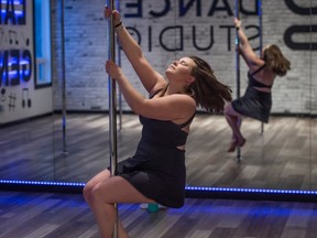 Taylor Bauer is visually impaired and participates in a pole-fitness class in Leduc on Feb. 6, 2024, where she regularly attends.