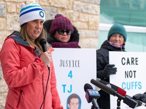 Lana Greene, left, speaks on Monday, Feb. 26, 2024, about the death of her son Timothy McConnell (T.J.) who died by suicide in the Edmonton Remand Centre on Jan. 11, 2021. She obtained documents showing her son's attempts to get medication for his mental health conditions and substance use treatment from jail staff before his death, but his pleas for help were repeatedly ignored. TJ's mother says negligent medical care inside the jail ultimately led to his death.