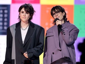 HALIFAX, NOVA SCOTIA - MARCH 24: (L-R) Tegan Quin and Sara Quin of Tegan and Sara speak onstage during the 2024 JUNO Awards at Scotiabank Centre on March 24, 2024 in Halifax, Nova Scotia.
