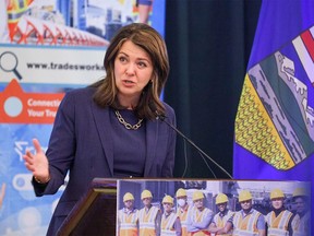 Alberta Premier Danielle Smith speaks during the Calgary Catholic Immigration Society’s Embracing the Future of Alberta Trades event at the Petroleum Club in Calgary on Wednesday, March 6, 2024.