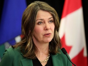 Alberta Premier Danielle Smith takes part in a press conference in Edmonton on March 26, 2024.