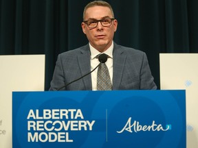 Kerry Bales, who is to become the CEO of Recovery Alberta, speaks as the Government of Alberta announces a new organization that will support the development of mental health and addiction system of care during a news conference in Calgary on Tuesday, April 2, 2024.