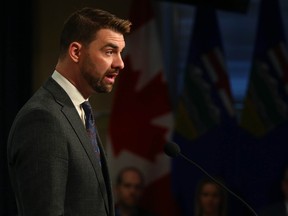 Mental Health and Addiction Minister Dan Williams speaks as the Government of Alberta announced a new organization that will support the development of a mental health and addiction system of care during a news conference in Calgary on Tuesday, April 2, 2024.