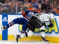 EDMONTON, CANADA - APRIL 24: Mattias Janmark #13 of the Edmonton Oilers collides with Mikey Anderson #44 of the Los Angeles Kings during the second period in Game Two of the First Round of the 2024 Stanley Cup Playoffs at Rogers Place on April 24, 2024, in Edmonton, Canada.