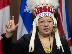 National Chief of the Assembly of First Nations Cindy Woodhouse Nepinak speaks about the federal budget during a news conference on Parliament Hill, Wednesday, April 17, 2024 in Ottawa.