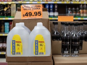 Four-litre jugs of vodka are shown at Super Value Liquor in Edmonton on April 9.