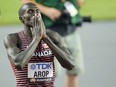 Marco Arop of Canada celebrates winning the gold medal ahead in the Men's 800-meters final during the World Athletics Championships in Budapest, Hungary, Saturday, Aug. 26, 2023.