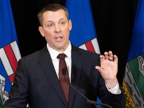 President of Treasury Board and Minister of Finance Nate Horner speaks to media at an embargoed Budget 2024 news conference prior to delivering the budget in the Alberta Legislature on Thursday, Feb. 29, 2024 in Edmonton.
