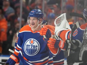 Edmonton Oilers Zach Hyman (18) celebrates his goal with teammates against the Los Angeles Kings during game 2 of the first round NHL Stanley Cup playoff action on Wednesday, April 24, 2024 in Edmonton.