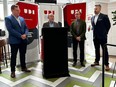 Brian Murray, left, Jason Syvixay, Chris Dulaba and Paul Lanni introduce the return of Urban Development Institute's field trips in Edmonton on Thursday, April 25, 2024.