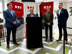 Brian Murray, left, Jason Syvixay, Chris Dulaba and Paul Lanni introduce the return of Urban Development Institute's field trips in Edmonton on Thursday, April 25, 2024.