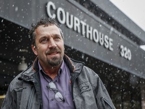 Alex Van Herk arrives at the courthouse in Lethbridge, Tuesday, April 16, 2024. He is one of three men accused of orchestrating the border shutdown at Coutts , Alta., in 2022.
