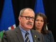 Municipal Affairs Minister Ric McIver and Premier Danielle Smith introduce Bill 20 in Edmonton on April 10.
