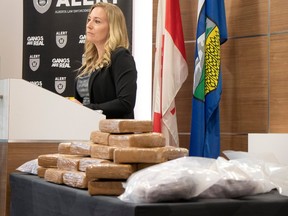 Insp. Angela Kemp speaks with media on Monday, May 6, 2024, after police seized 27 kilograms of cocaine following the search of a home in Lewis Estates in west Edmonton. The drug bust is the largest cocaine seizure by ALERT in Edmonton.