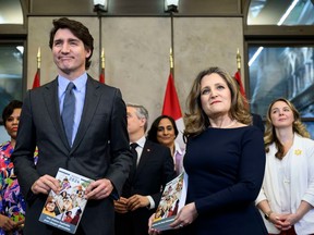 Prime Minister Justin Trudeau, left, and Finance Minister Chrystia Freeland pose for a photo before tabling the federal budget, on Parliament Hill in Ottawa on April 16.