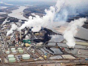 Aerial view of the Suncor oilsands extraction facility near Fort McMurray on October 23, 2009.