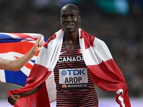 Gold medalist Marco Arop of Team Canada reacts after winning the Men's 800m Final at the World Athletics Championships Budapest 2023.