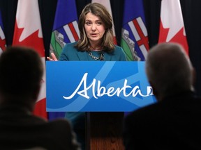 Premier Danielle Smith speaks about her meeting with Prime Minister Justin Trudeau during a press conference in Edmonton, Wednesday March 13, 2024.