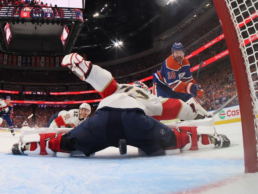 Edmonton Oilers forward Zach Hyman scores a goal against Florida Panthers goaltender Sergei Bobrovsky during the second period of Game 6 of the 2024 Stanley Cup Final at Rogers Place on June 21, 2024 in Edmonton.