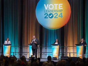 The Alberta NDP leadership debate at the Edmonton Convention Centre on June 2, 2024. On stage were candidates Kathleen Ganley, Naheed Nenshi, Jodi Calahoo Stonehouse and Sarah Hoffman.