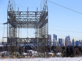 Power lines are seen in Calgary on Monday, January 15, 2024.