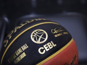 Official game ball of the Canadian Elite Basketball League sits courtside ahead of CEBL game action in Guelph, Ont., on Thursday, May 26, 2022.