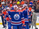 Connor McDavid (97) of the Edmonton Oilers, waves to the fans after the Oilers defeated the Dallas Stars 2-1 to win the Western Conference at Rogers Place in Edmonton on June 2, 2024.
