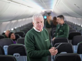 Flair Airlines chief executive Stephen Jones will be stepping down this summer after more than three-and-a-half years at the helm of the discount carrier. Jones speaks with employees aboard on one of the company's Boeing 737 MAX 8 aircraft after the airline announced their sustainability initiatives, in Richmond, B.C., Wednesday, April 17, 2024.