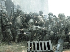 American soldiers storm the beaches during the D-Day invasion in Steven Spielberg's 1998 movie Saving Private Ryan.