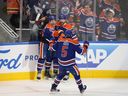 Edmonton Oilers Warren Foegele (37) celebrates his goal with teammates against the Florida Panthers during first period Game 6 action of the NHL Stanley Cup Final on Friday, June 21, 2024, in Edmonton.