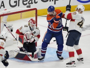 Edmonton Oilers Zach Hyman (18) watches the puck in front of Florida Panthers goalie Sergei Bobrovsky (72) during second period game 6 action of the NHL Stanley Cup final on Friday, June 21, 2024 in Edmonton.   Greg Southam-Postmedia