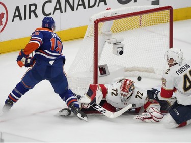 Edmonton Oilers Zach Hyman (18) scores on Florida Panthers goalie Sergei Bobrovsky (72) during second period game 6 action of the NHL Stanley Cup final on Friday, June 21, 2024 in Edmonton.   Greg Southam-Postmedia