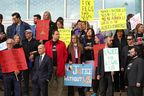 Criminal defence lawyers rallied outside the law courts in Edmonton on Friday, Sept. 23, 2022, to demand the government fix legal aid in Alberta.