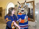Edmonton Oilers mascot, Hunter and Premier Danielle Smith walk out of the premier’s office on their way into the legislature on Thursday, May 9, 2024 in Edmonton. Greg Southam-Postmedia