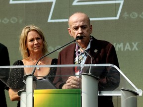 Deb Thompson and Larry Thompson speak to the media after being announced as new owners of Edmonton Elks Football Club