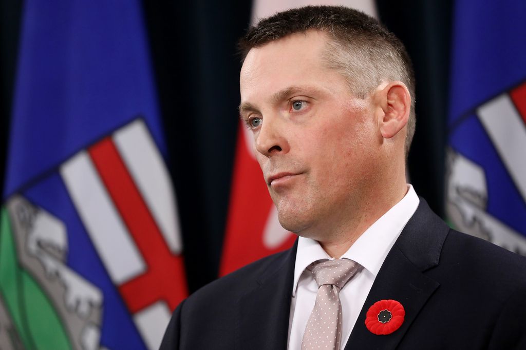 Nate Horner, president of the Treasury Board and finance minister, takes part in a press conference at the Alberta legislature in Edmonton on Tuesday, Oct. 29, 2024.