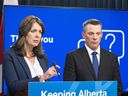 Premier Danielle Smith and President of Treasury Board and Minister of Finance Nate Horner announce new automobile insurance reforms on Thursday, Nov. 21, 2024 in Edmonton.