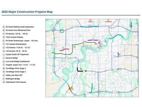 A map of major construction projects in Edmonton for 2025. Supplied Photo/City of Edmonton