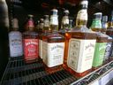 A dwindling supply of a popular American whiskey brand is shown on the shelves at BSW Liquor in northeast Calgary on Thursday, March 6, 2025. AGLC has announced it will begin importing U.S. product again, allowing stores to restock American brands.