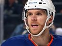 Edmonton Oilers' Connor McDavid #97 against the New York Islanders in the first phase of UBS Arena, NY on March 14, 2025.