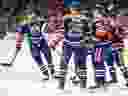 Edmonton Oilers players celebrate the goal against the Calgary Flames in an NHL action on Saturday, March 29, 2025 in Edmonton's second phase.