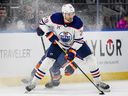 Edmonton Oilers Center Leon Draisaitl (29) handles hockey on stage 2 of the NHL Hockey Game in Elmont, NY, on Friday, March 14, 2025