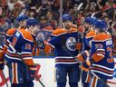 Evan Bouchard of the Edmonton Oilers celebrated his goal against the San Jose Sharks on Friday, April 11, 2025 in the first phase of Roger Place in Edmonton.